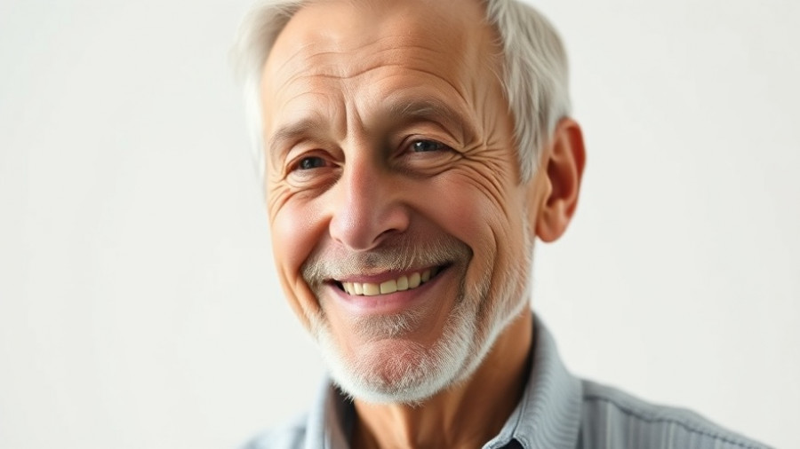 Elderly man smiling gently in a lifelike photo for leadership lessons.