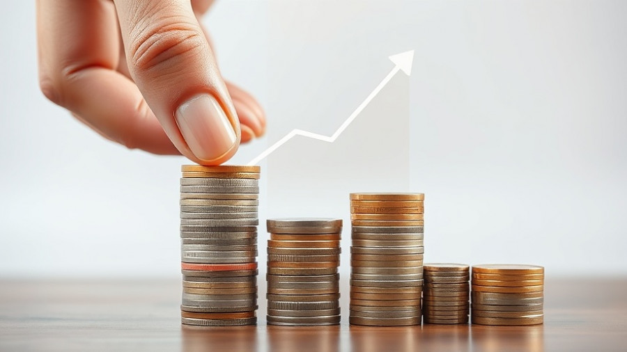 Hand stacking coins with growth chart, symbolizing cost management strategies for small businesses.