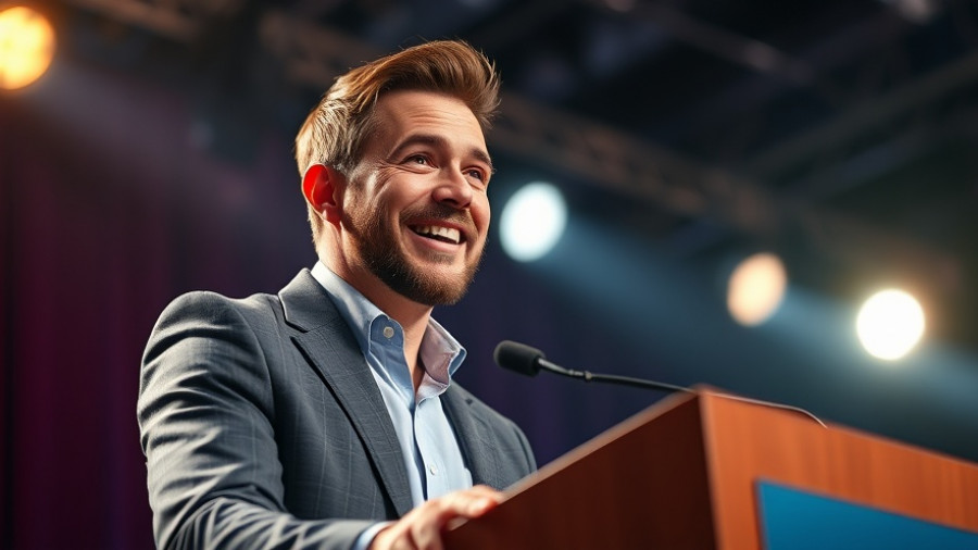 Confident speaker addressing audience under warm lights, related to Mamdani policies for small business NYC.