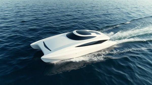 Battery-electric hydrofoil boat gliding on calm ocean waters.
