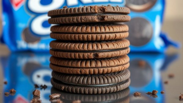 Close-up of Oreo cookies on reflective surface.