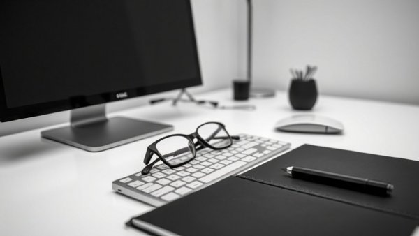 Sleek monochrome workspace with computer and accessories.