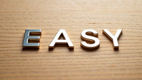 Simple 'EASY' metallic letters on wood, CLAIMS framework.