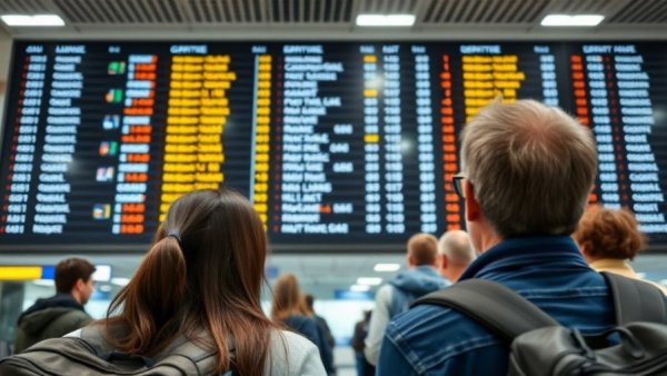 Travelers examine airport flight board amid FAA flight reduction mandate.