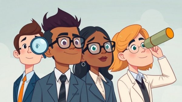 Cartoon of business professionals exploring future-back thinking in business strategy.