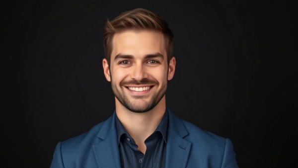 Confident man in blue blazer, transform your business.