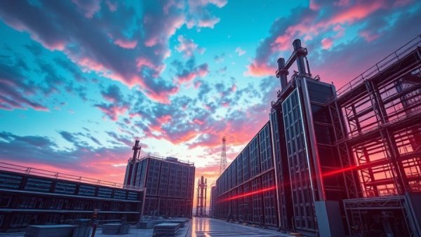 Futuristic data center with stylized sky colors, protests against data centers theme.