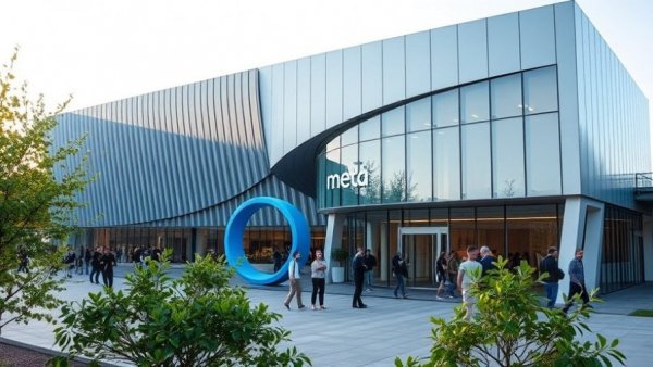 Attendees gather outside Meta building with blue sculpture.
