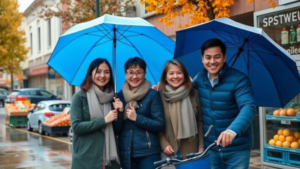 Joyful trio promoting Small Business Saturday with blue umbrellas.