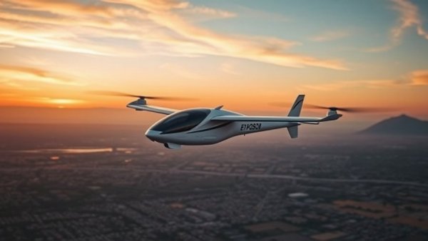 Electric aircraft over sunset cityscape, corporate espionage in electric aviation theme.