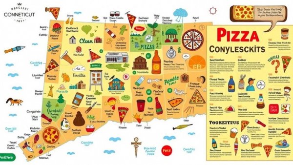 Connecticut Pizza Trail map with pizza styles, vibrant illustration.