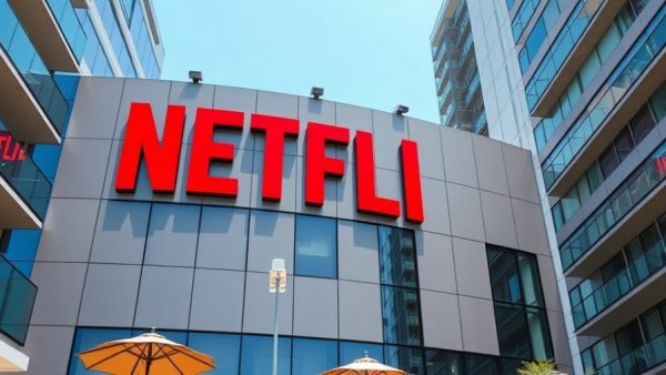 Netflix headquarters building, red logo, cityscape backdrop