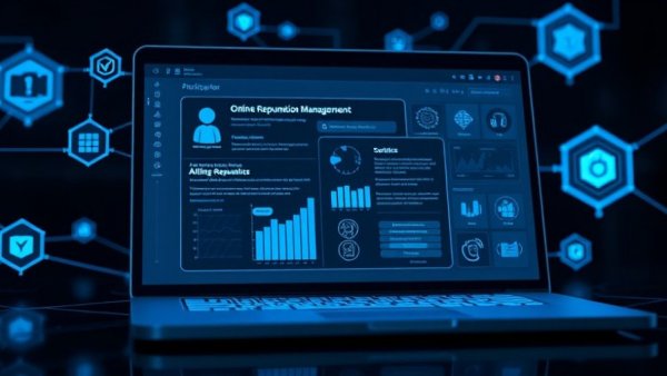 Futuristic laptop illustrating reputation marketing with AI tools.