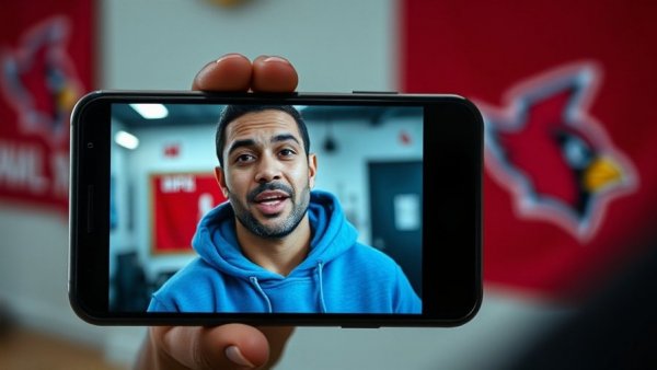 Smartphone video call with man speaking, sports banner backdrop, social media focus.