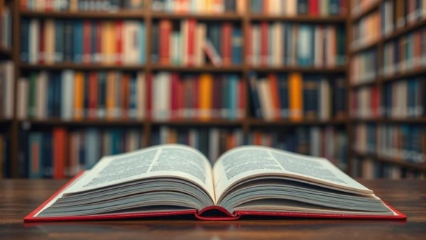 Open book in library with blurred shelves background, business books theme
