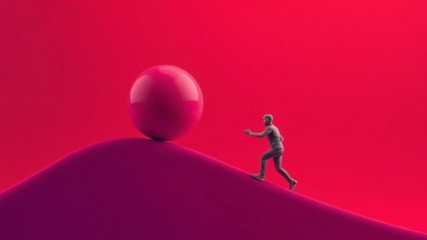 Abstract art of a figure pushing a sphere symbolizes productive time management.