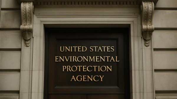 Entrance of United States Environmental Protection Agency building with gold lettering
