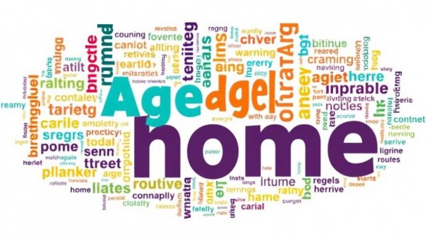 Colorful word cloud on aging in place with related terms.