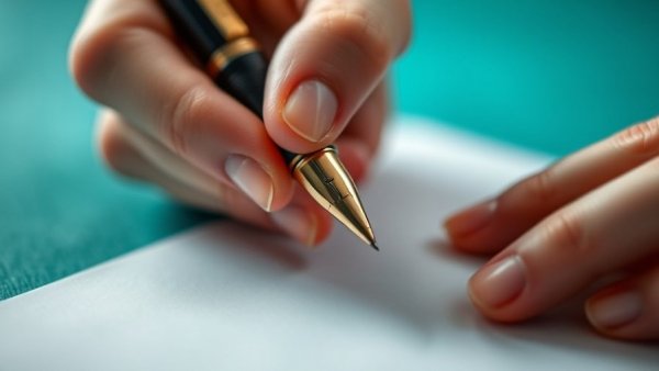 Hand with fountain pen writing on paper, Agile Leadership spotlight concept.