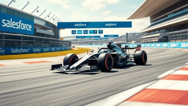 AI Disruption Impact on Software Stocks: Formula 1 car with Salesforce ads on track.