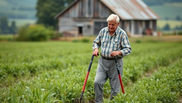 Elderly individual gardening with a walker in a lush field, aging in place.