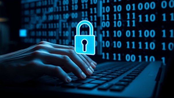 Hands typing on keyboard with digital lock symbol and binary code, data encryption standard DES.