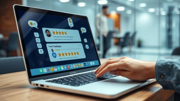 Laptop with feedback interface for reputation management software, hand typing