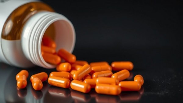 Orange pills spilling from a bottle, safest over-the-counter painkiller.