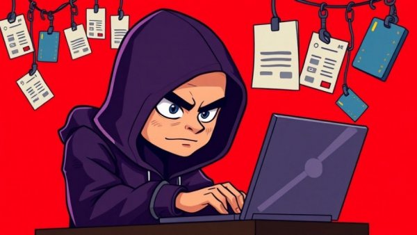 Cartoon hacker phishing scene highlighting Microsoft Copilot phishing risk