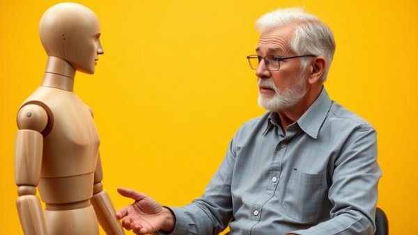 Elderly man with wooden mannequin, reflecting on unintentional weight loss.