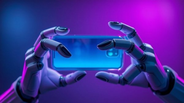 Advanced robotic hands inspecting a transparent phone, AI innovation.