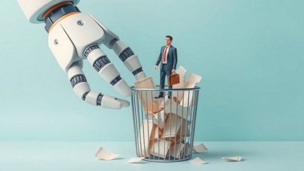 AI's impact on jobs: robotic hand holding businessman over trash.