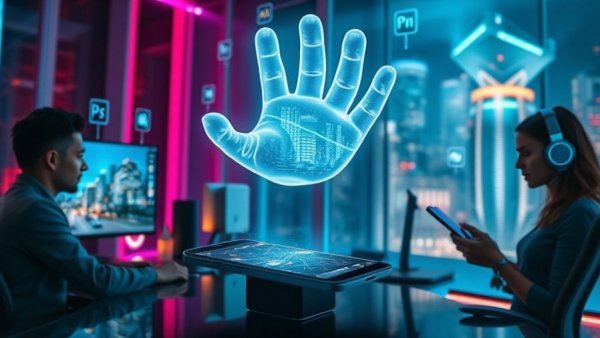 Futuristic photo editing with holographic hand and digital tools in 2026.