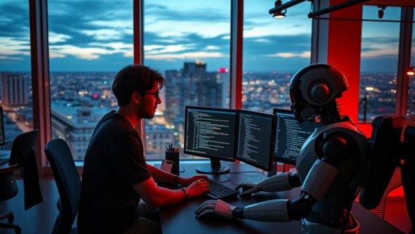 Agent-native development in Visual Studio Code with robots and humans collaborating in futuristic workspace.
