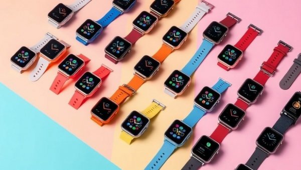 Collection of colorful smartwatches on pastel backgrounds.