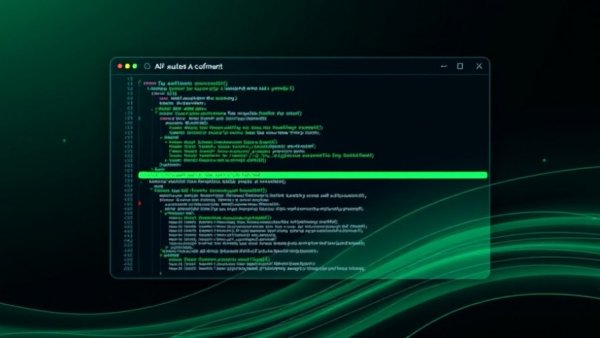 AI automation software development illustration with code and AI elements.
