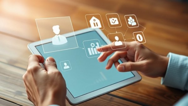 Modern interface with hands and tablet displaying digital business icons.