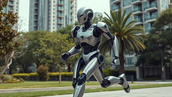 Humanoid robot demonstrating agile movement in modern park setting.