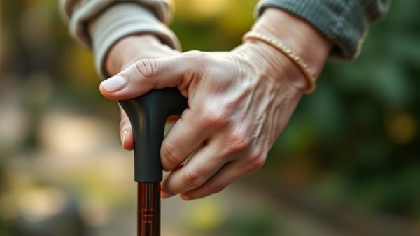 Close-up of caregiver's hand supporting elderly hand with cane.