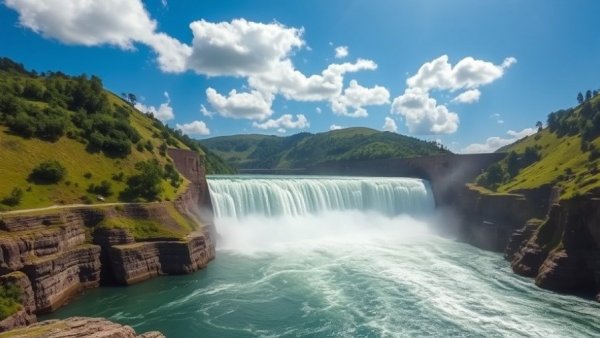 Environmental Risks and Costs 2026: Massive dam with cascading water, lush green hills in bright daylight.