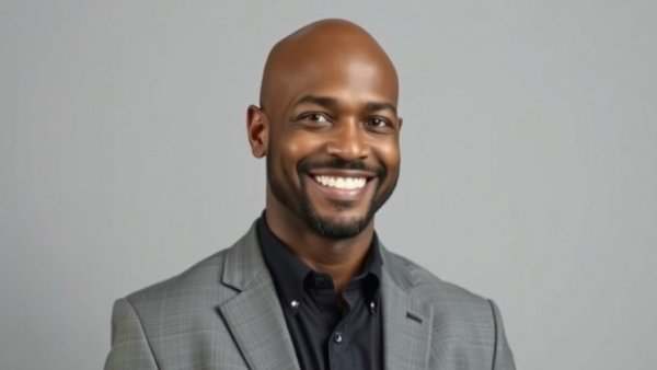 Bald man in a gray suit smiling confidently, Agile Leadership spotlight.