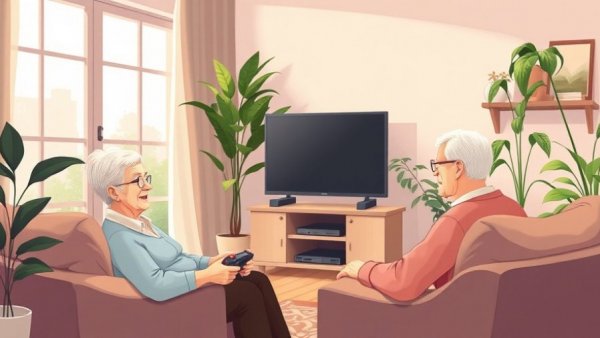 Elderly couple enjoying leisure in a cozy living room, aging in place.