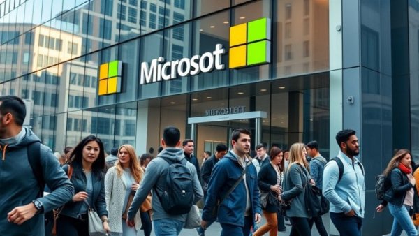 Pedestrians walking by Microsoft store, city setting.