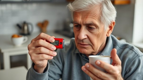 Elderly person checks blood sugar in cozy kitchen - Diabetes in Aging.