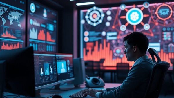 Futuristic office scene of digital profiles in 2026, innovative workspace