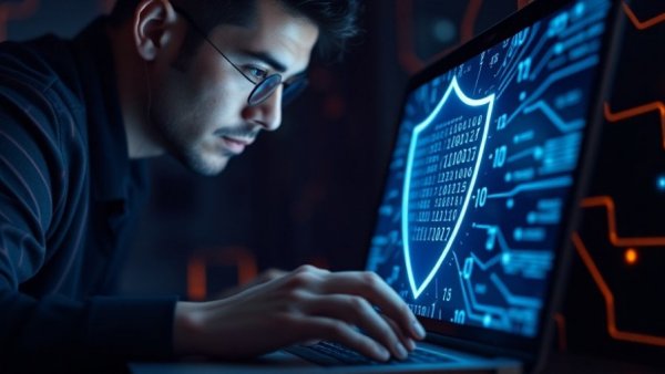 Digital shield on laptop indicating Microsoft Defender false malware alerts.