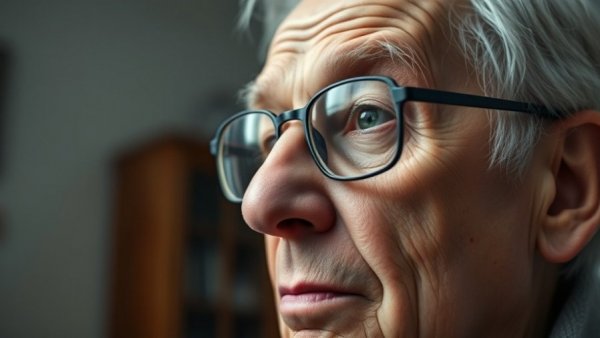 Close-up of aging adult with thoughtful expression, glasses on.