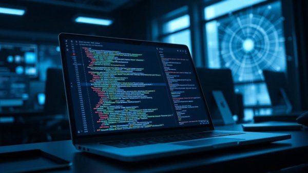Futuristic digital interface with code editor and AI neural network.