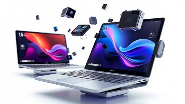Futuristic Surface AI PCs for business, floating design elements.