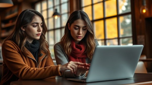 AI empowering small businesses: women collaborating on laptop in café.